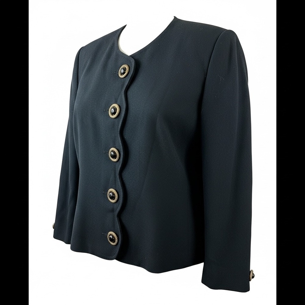 Vintage Herbert Grossman Wool Blazer Womens 16 USA Gold Button Black Jacket Chic